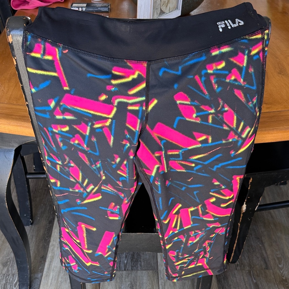 Fila Women’s Medium Black Capri with Neon Pink and Blue Pattern